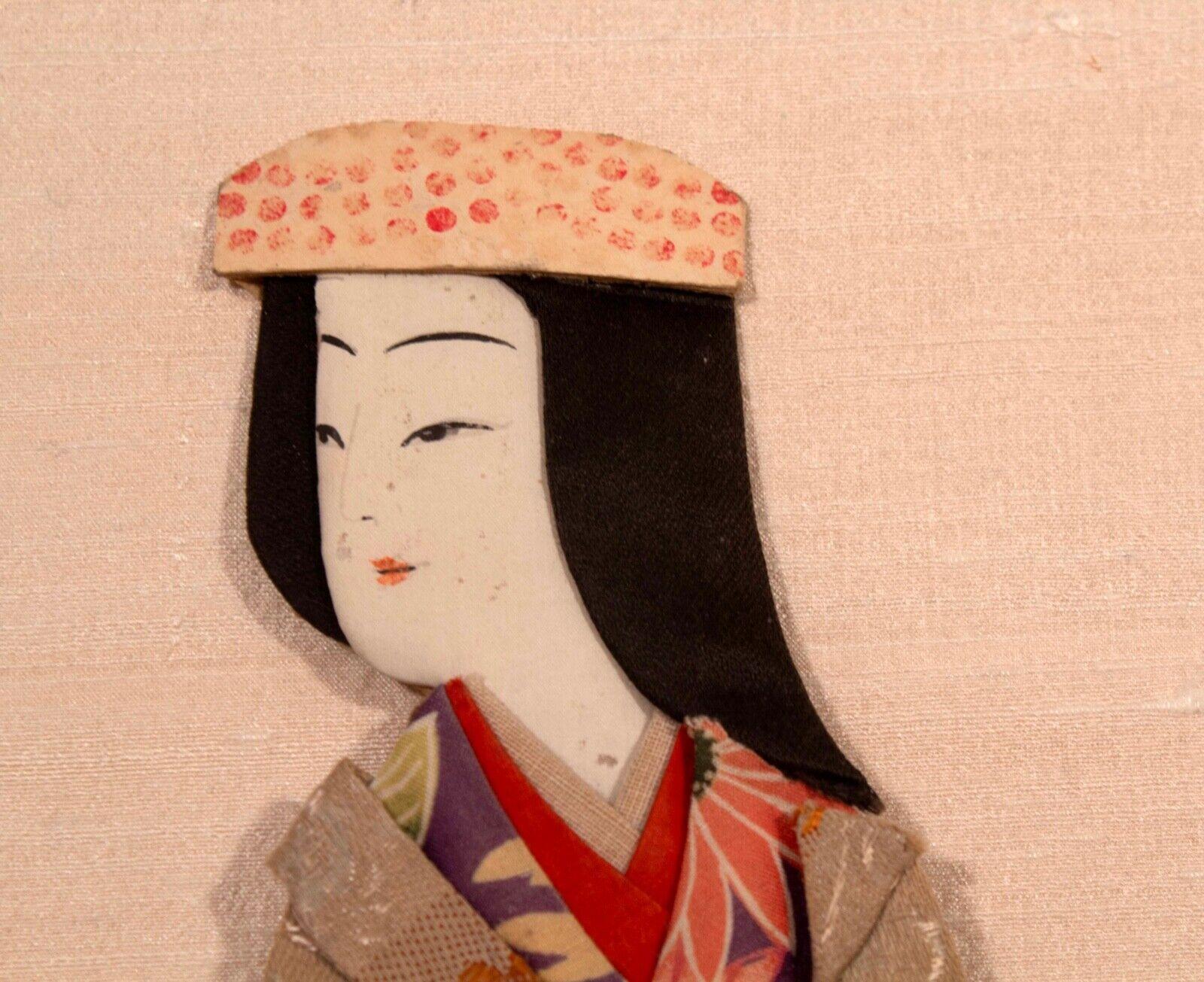 Antique Japanese Silk Brocade Oshie Art Geisha Puppet Dolls in Shadow Box Frame For Sale 4