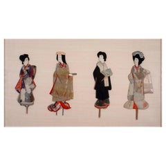 Antique Japanese Silk Brocade Oshie Art Geisha Puppet Dolls in Shadow Box Frame