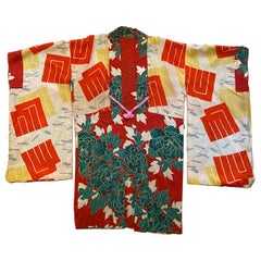 Exceptional Taisho Period Silk Haori with Oversized Peonies in Teal and Vermilio