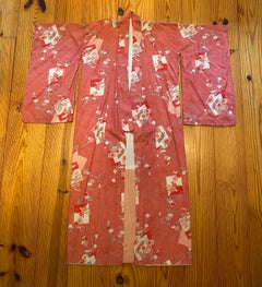 Mid Century Japanese Silk Furisode Kimono in Coral with Floral Poem Card Motifs