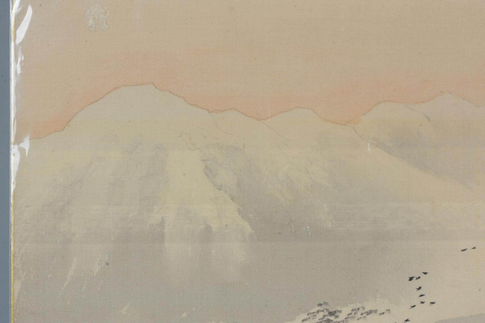Antiguo cuadro japonés sobre seda Japón Periodo Meiji Paisaje invernal en venta 2