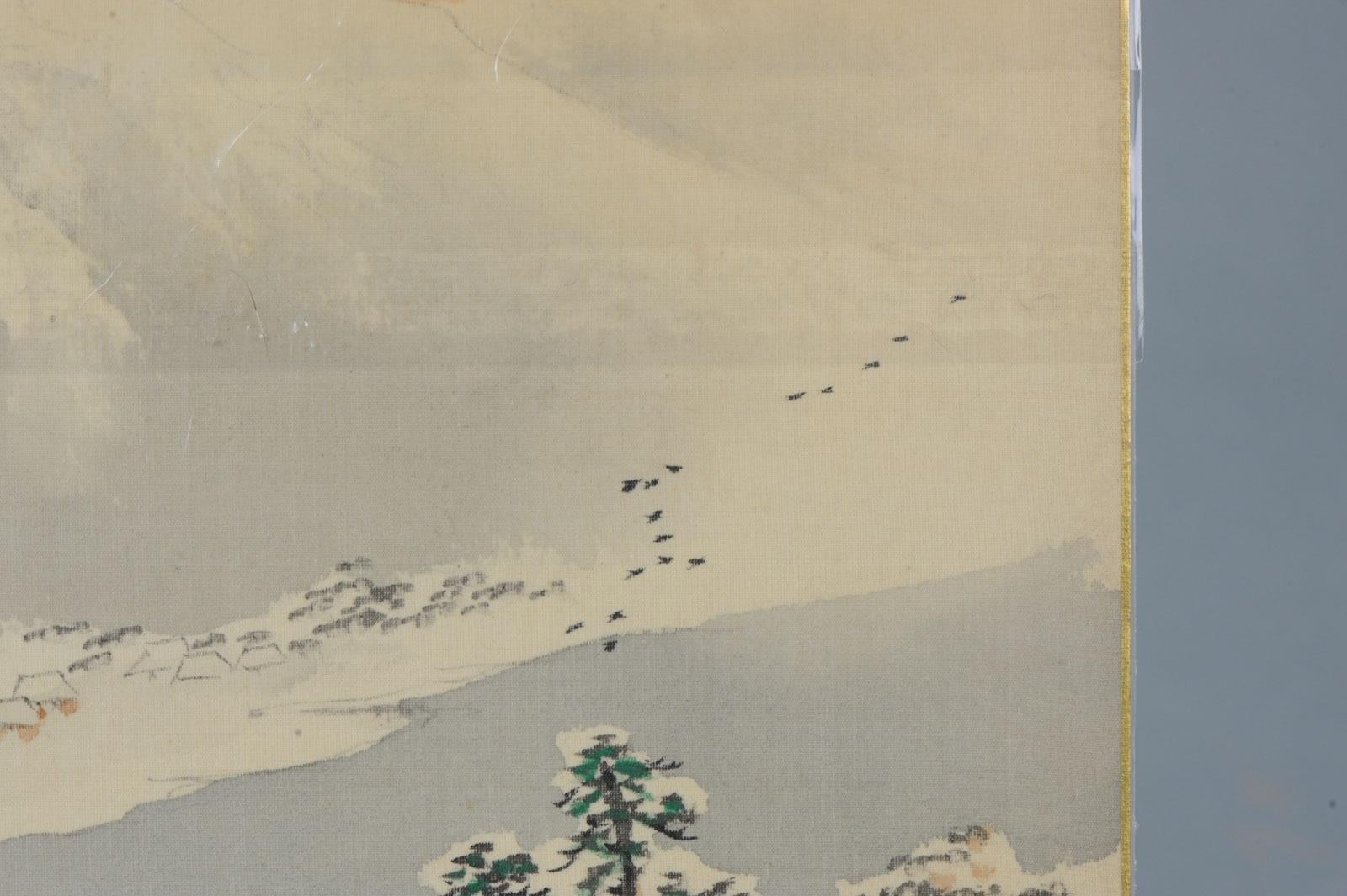 Antiguo cuadro japonés sobre seda Japón Periodo Meiji Paisaje invernal en venta 1