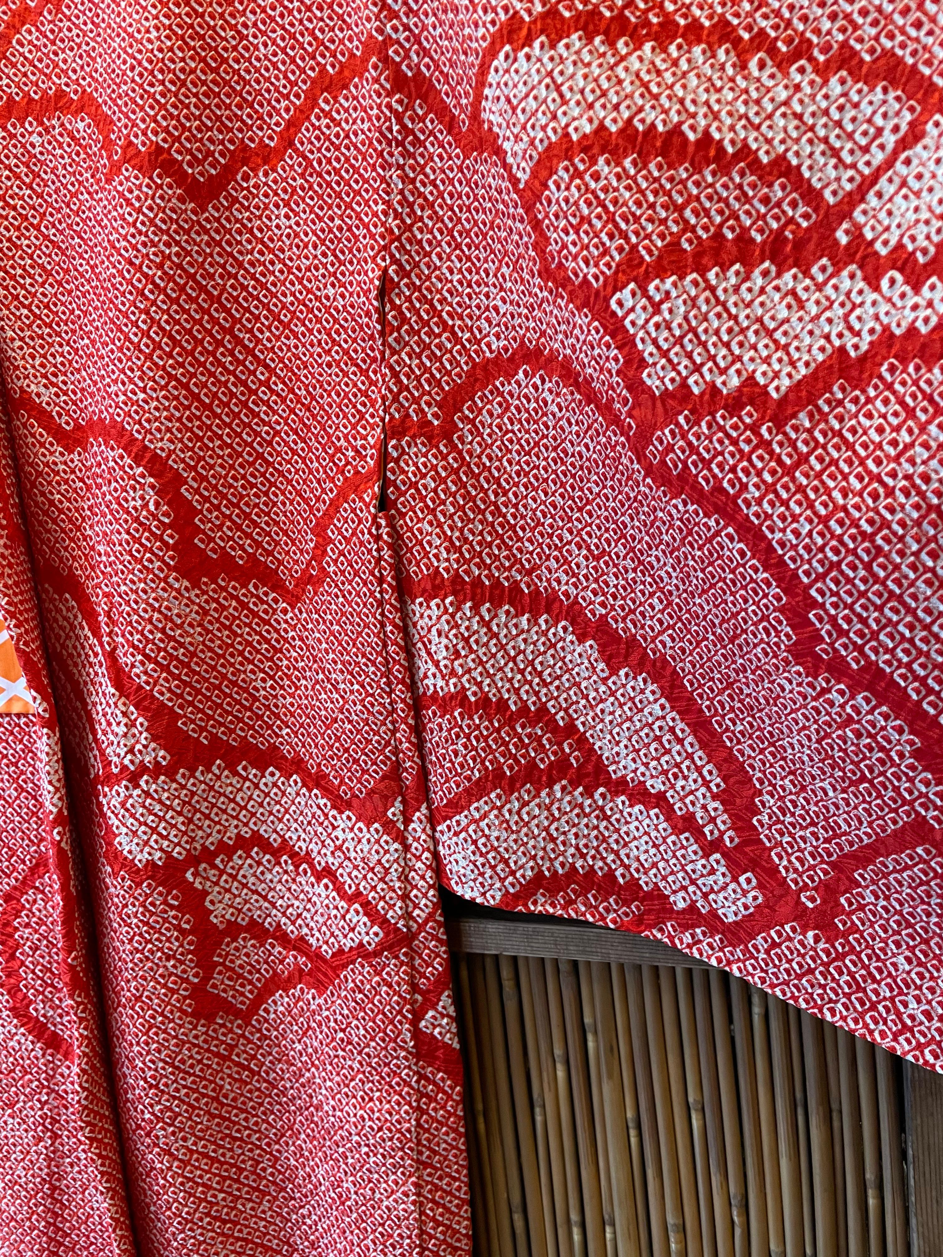 Showa Antique Japanese Silk Red Haori Jacket Shibori-Style, 1970s For Sale