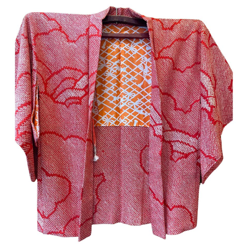 Japanese Silk Red Black Haori Jacket Dot Pattern 1960s Showa For Sale ...