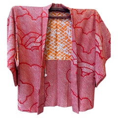 Used Japanese Silk Red Haori Jacket Shibori-Style, 1970s