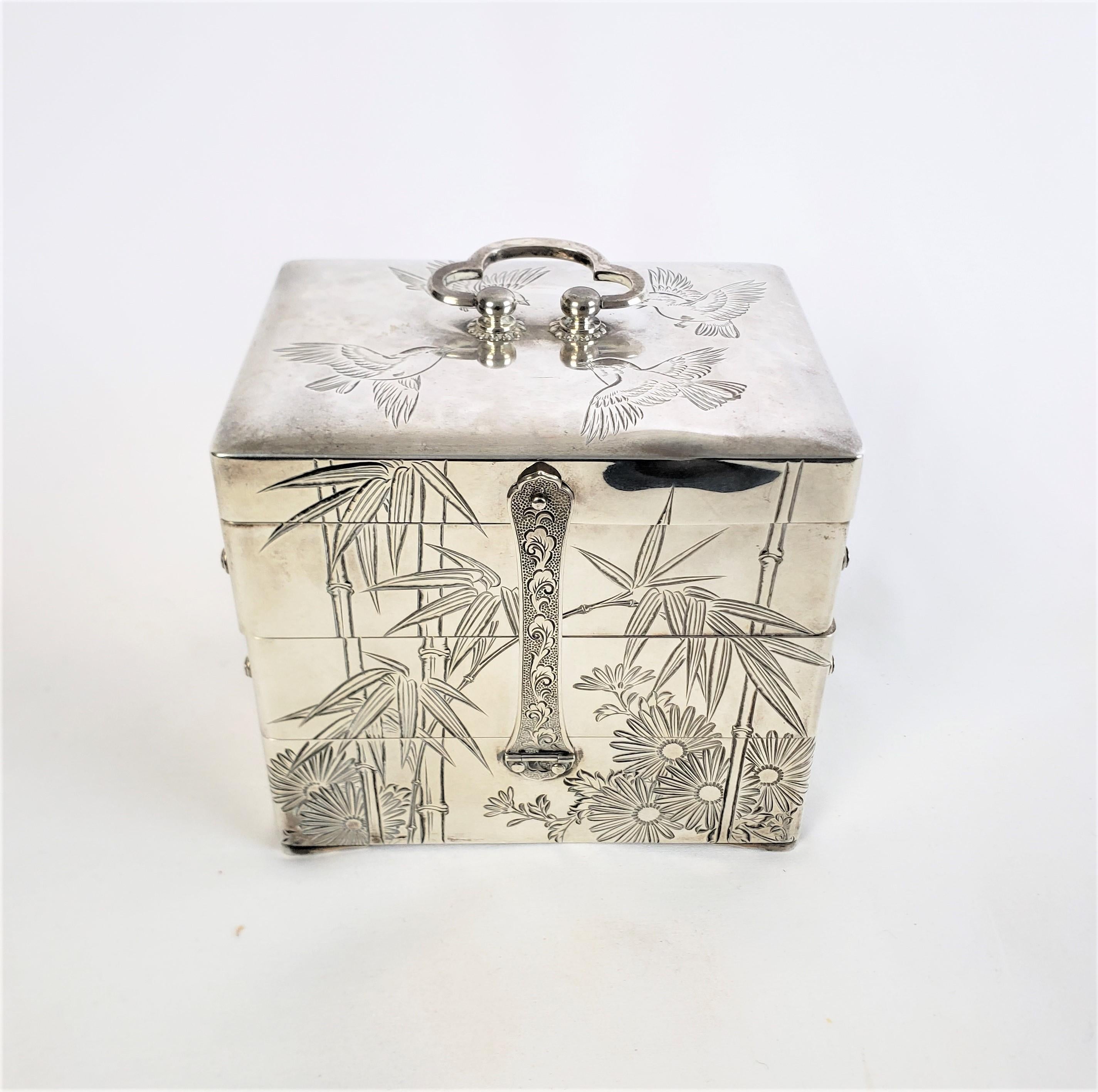 Art Deco Antique Japanese Silver Accordian Jewelry Box with Engraved Bamboo & Flowers