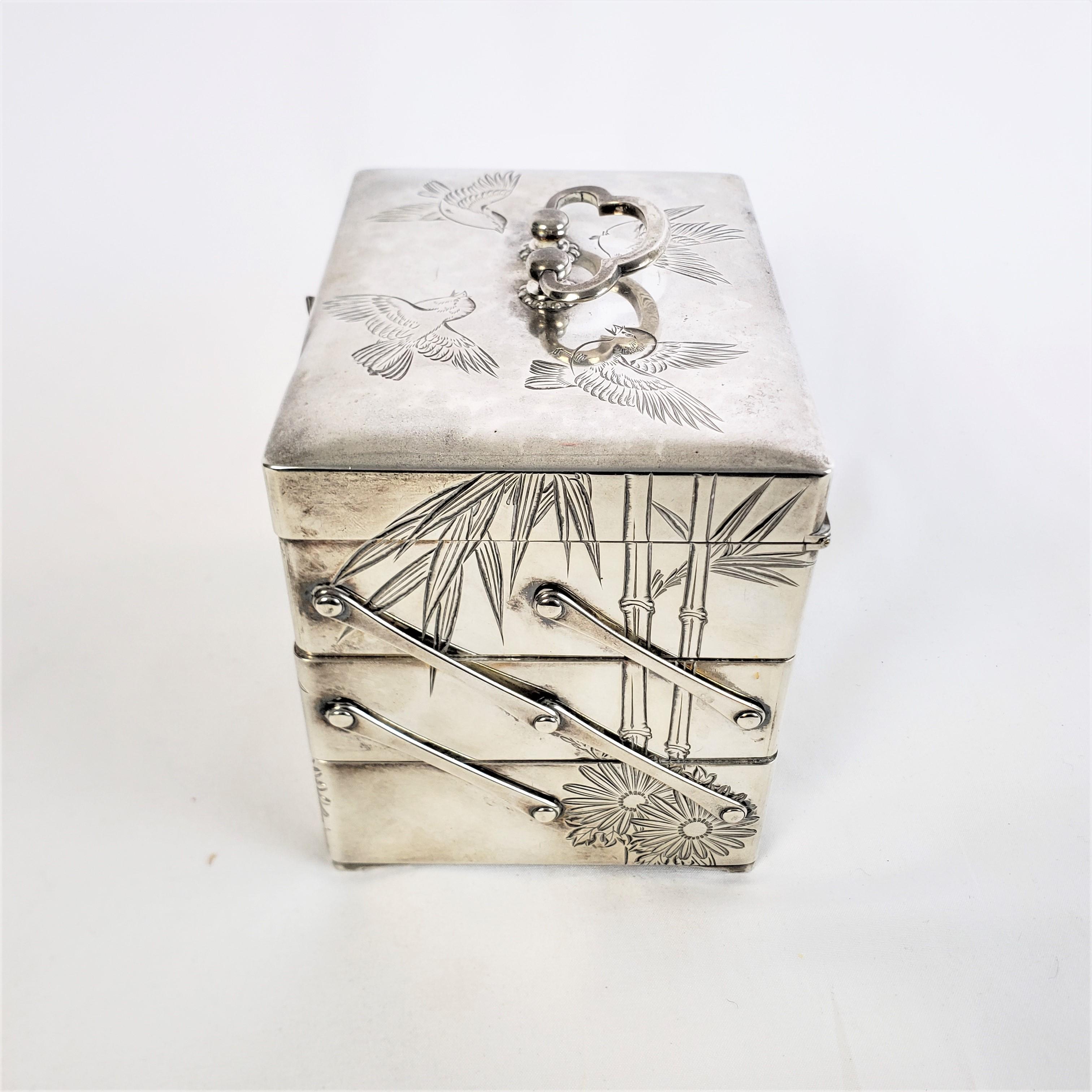 Machine-Made Antique Japanese Silver Accordian Jewelry Box with Engraved Bamboo & Flowers