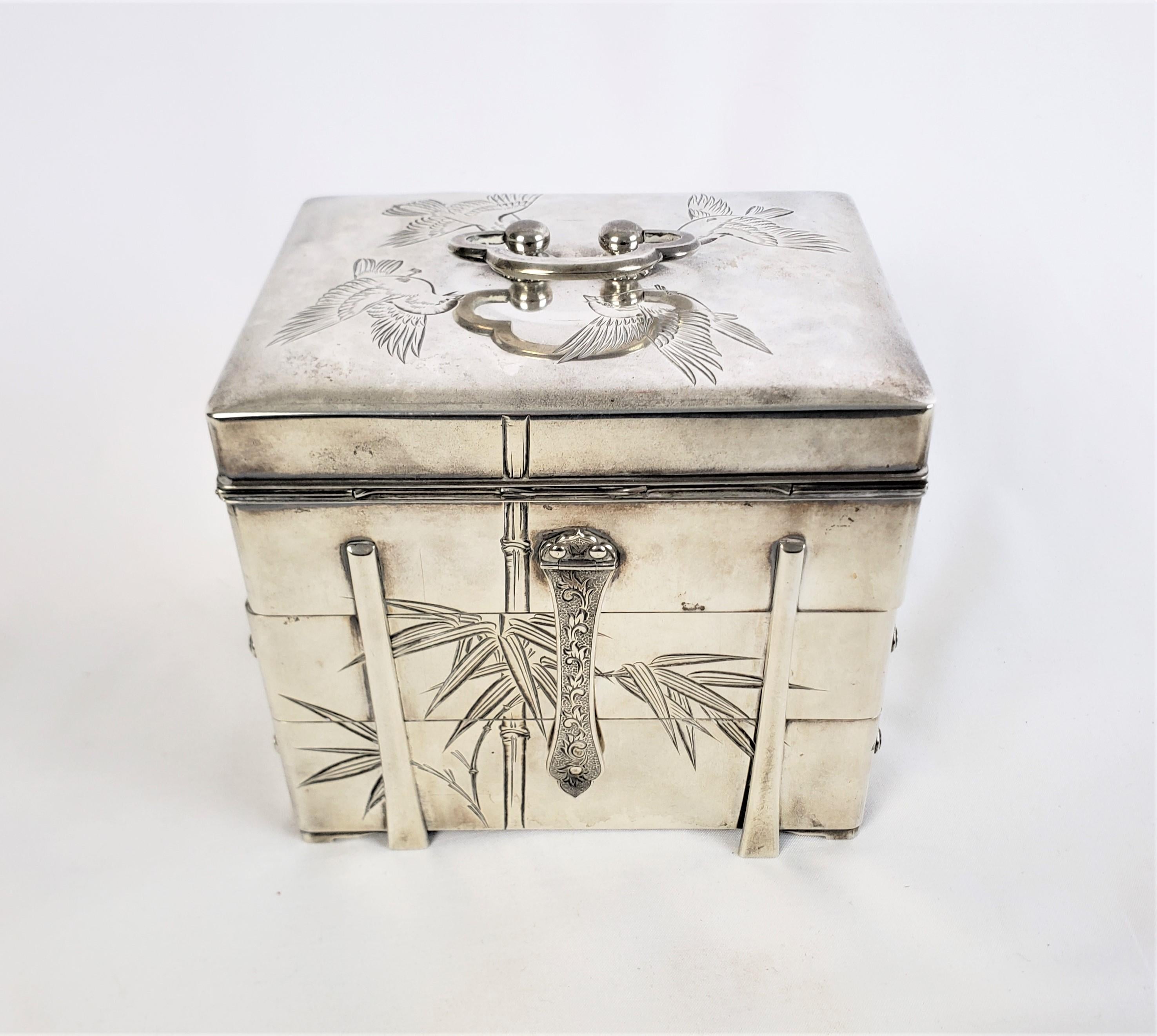 Antique Japanese Silver Accordian Jewelry Box with Engraved Bamboo & Flowers In Good Condition In Hamilton, Ontario