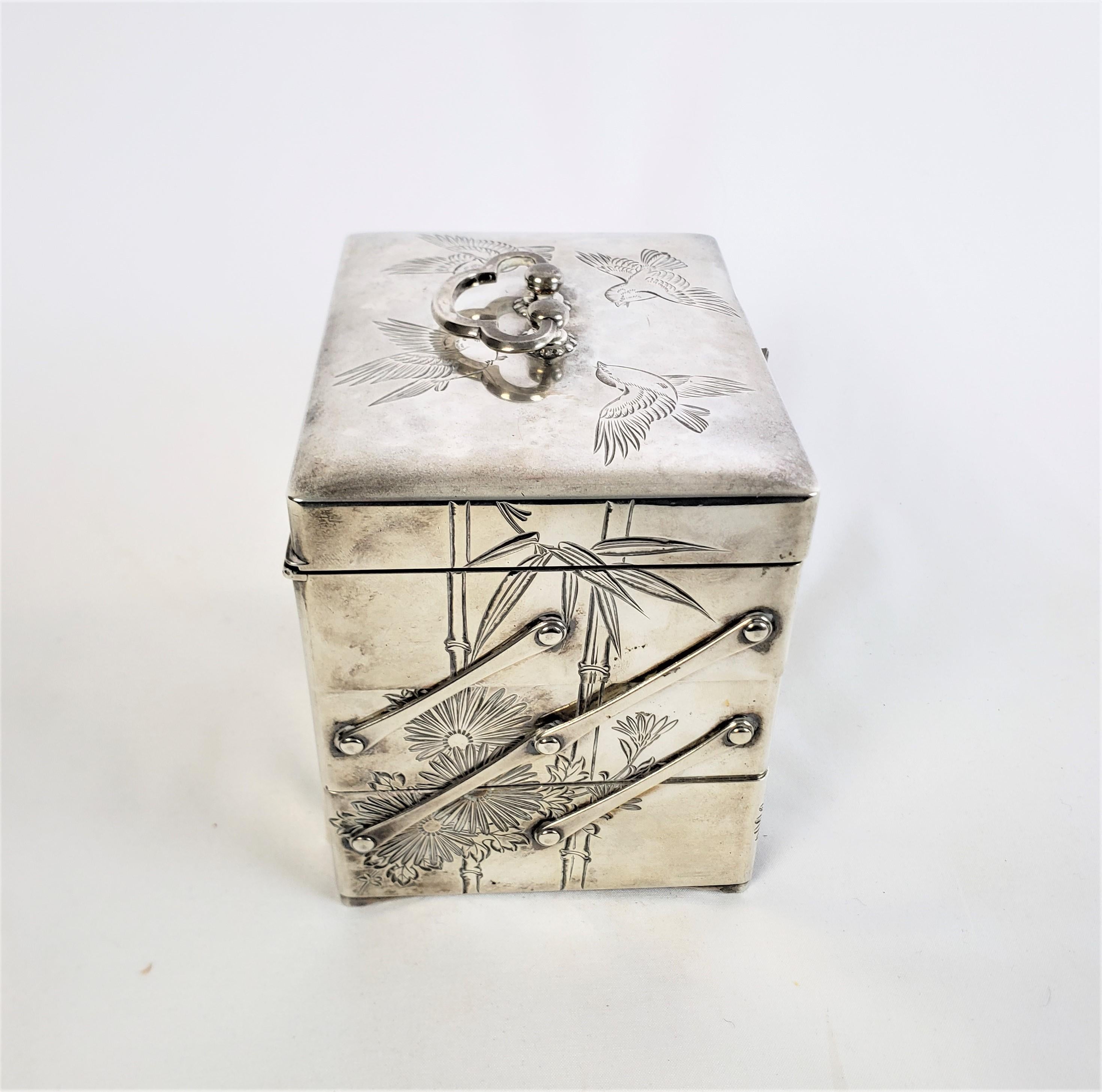 20th Century Antique Japanese Silver Accordian Jewelry Box with Engraved Bamboo & Flowers