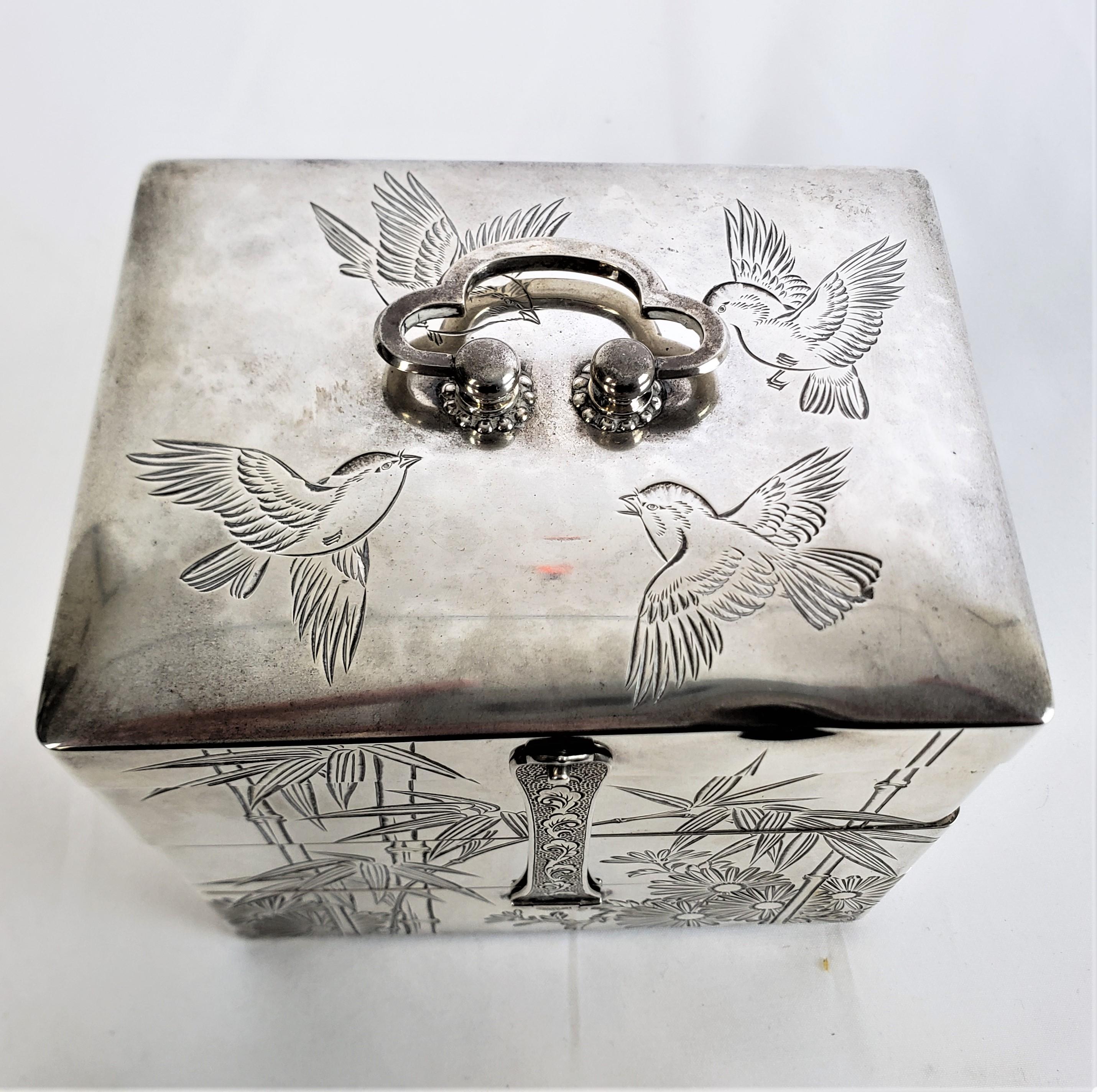 Antique Japanese Silver Accordian Jewelry Box with Engraved Bamboo & Flowers 1