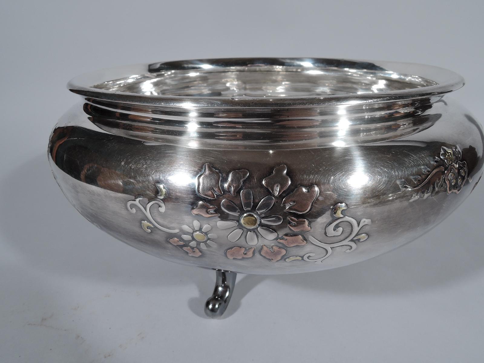 Meiji Antique Japanese Silver Bowl with Mixed Metal Flowers and Birds