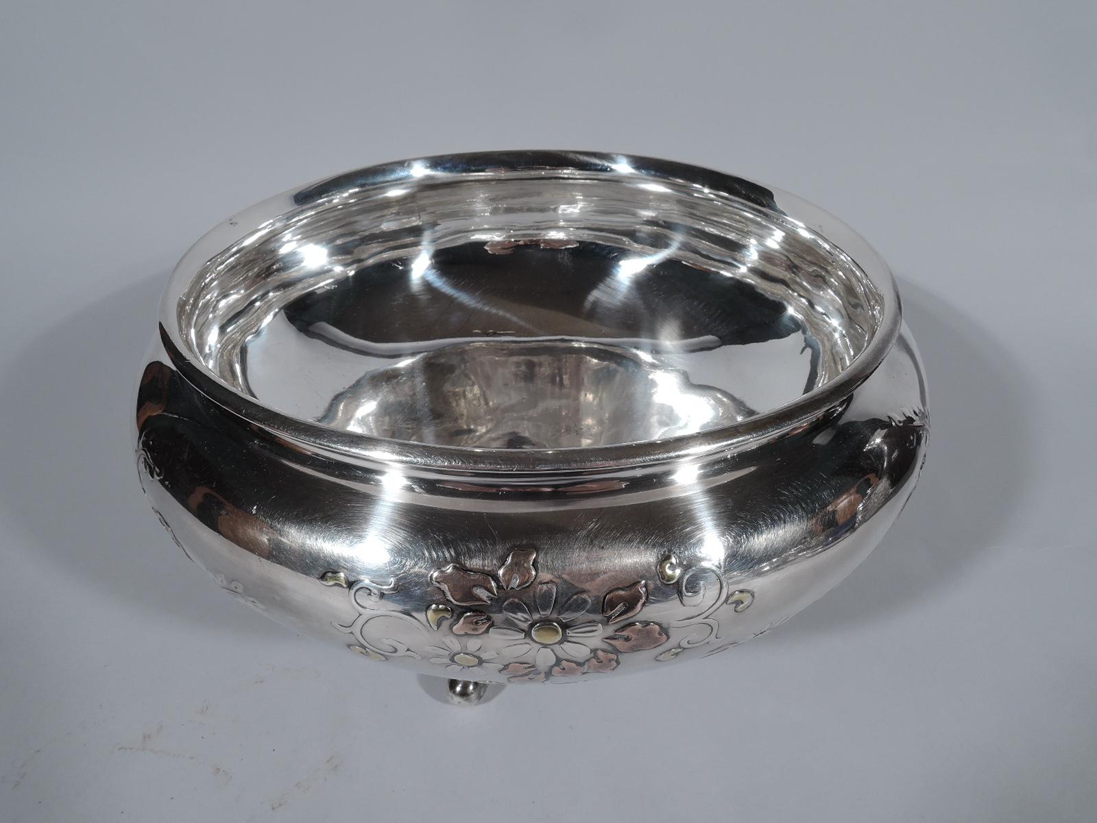 19th Century Antique Japanese Silver Bowl with Mixed Metal Flowers and Birds