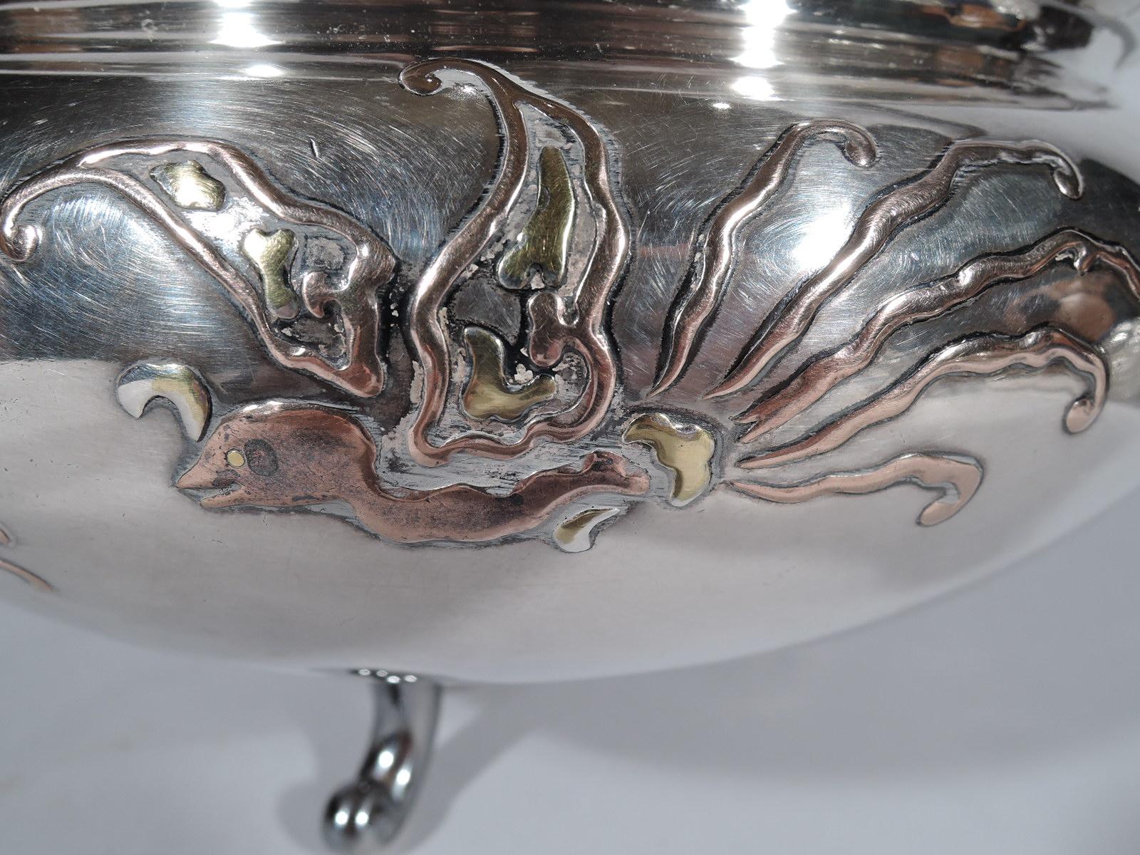 Gold Antique Japanese Silver Bowl with Mixed Metal Flowers and Birds
