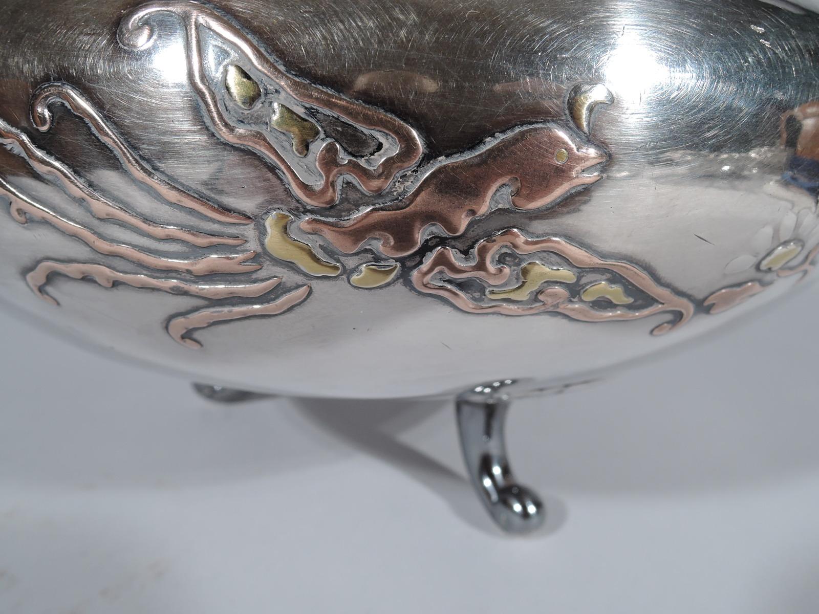 Antique Japanese Silver Bowl with Mixed Metal Flowers and Birds 1