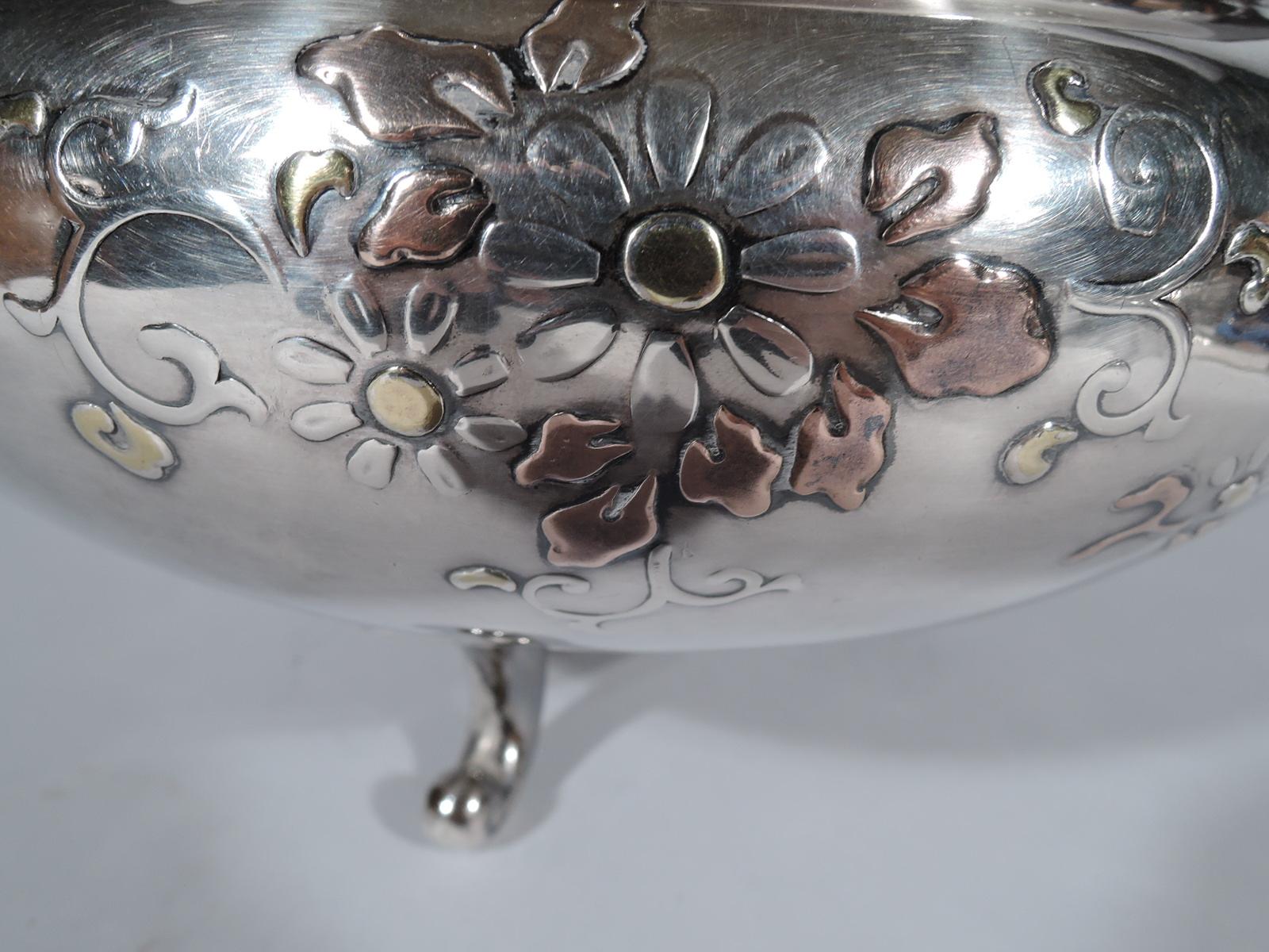 Antique Japanese Silver Bowl with Mixed Metal Flowers and Birds 2