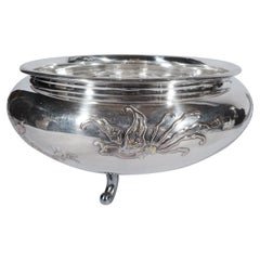 Antique Japanese Silver Bowl with Mixed Metal Flowers and Birds