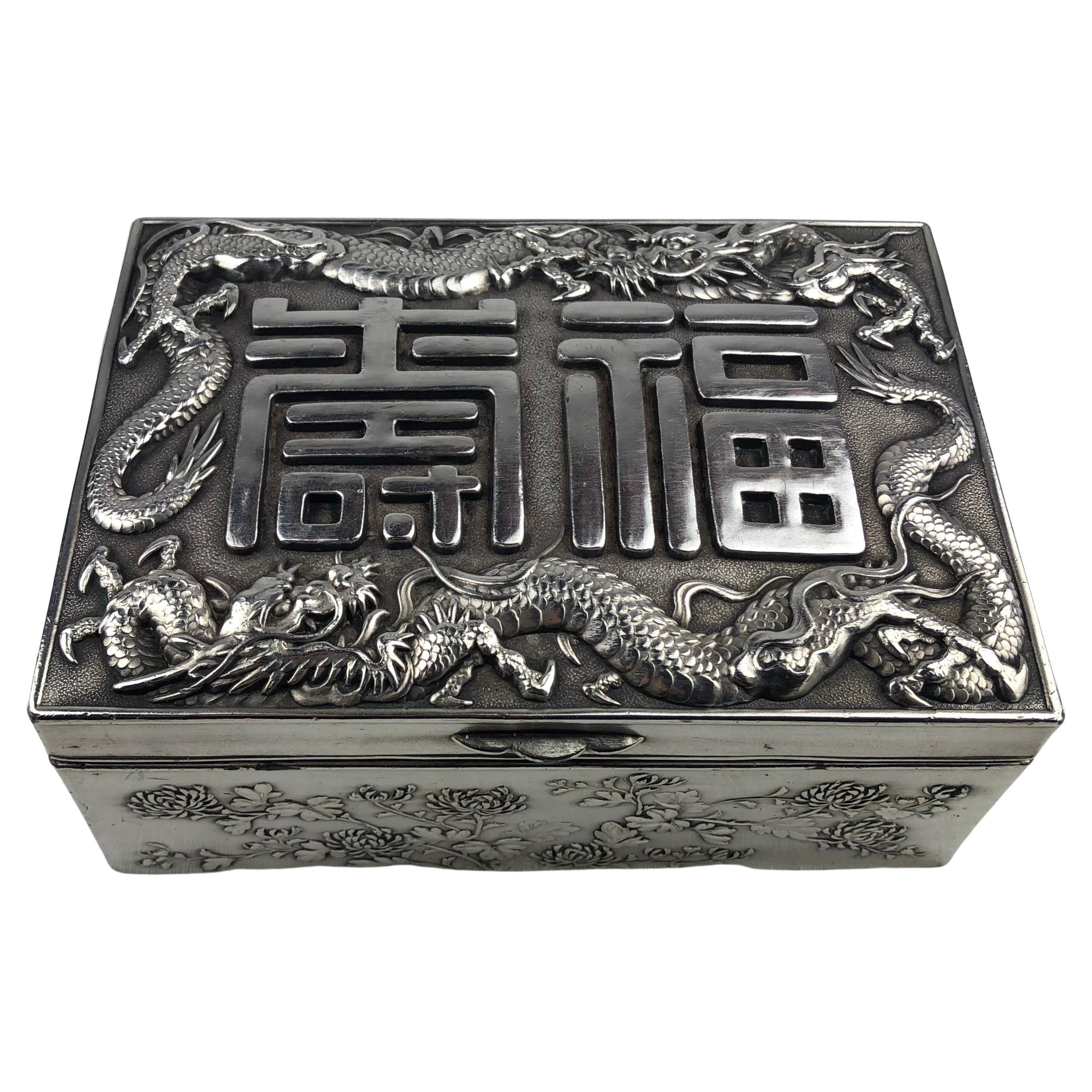 Antique Japanese Silver Cigar, Jewelry or Keepsake Box For Sale