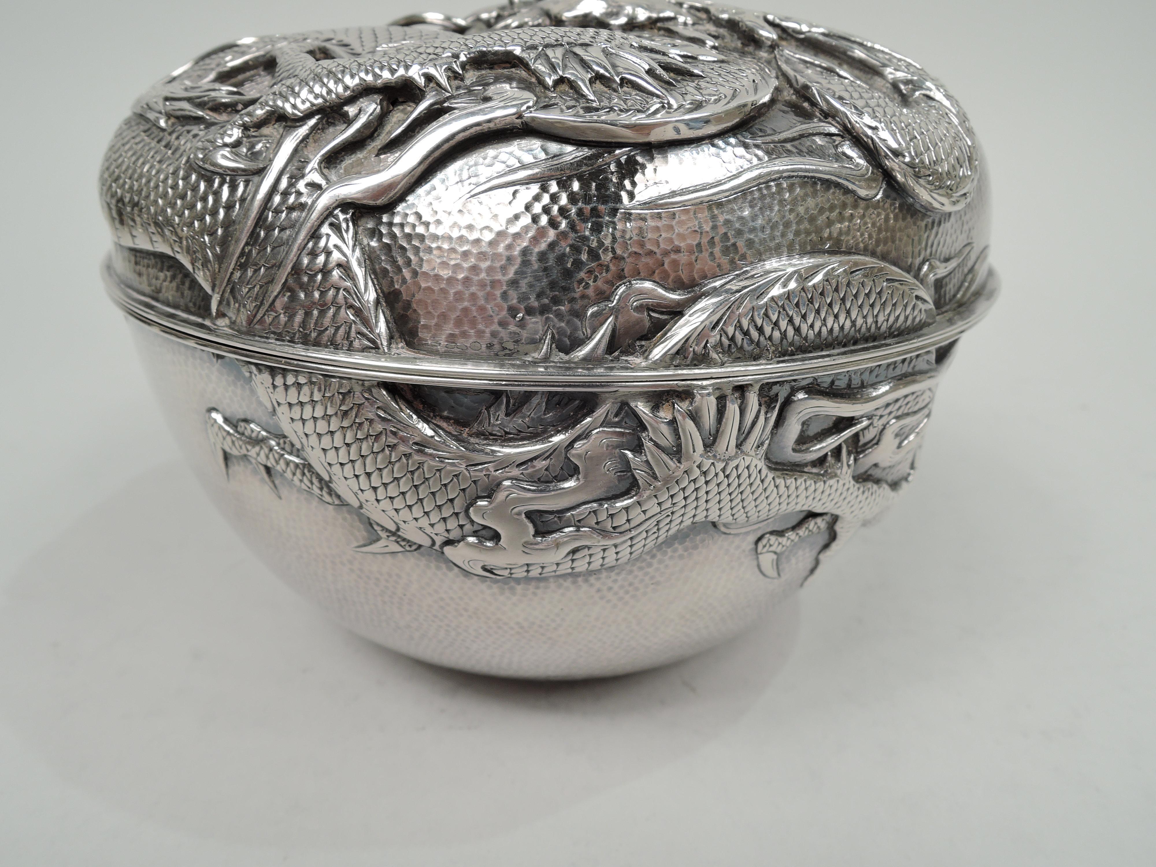 Meiji Antique Japanese Silver Dragon Box in Rare Round Form