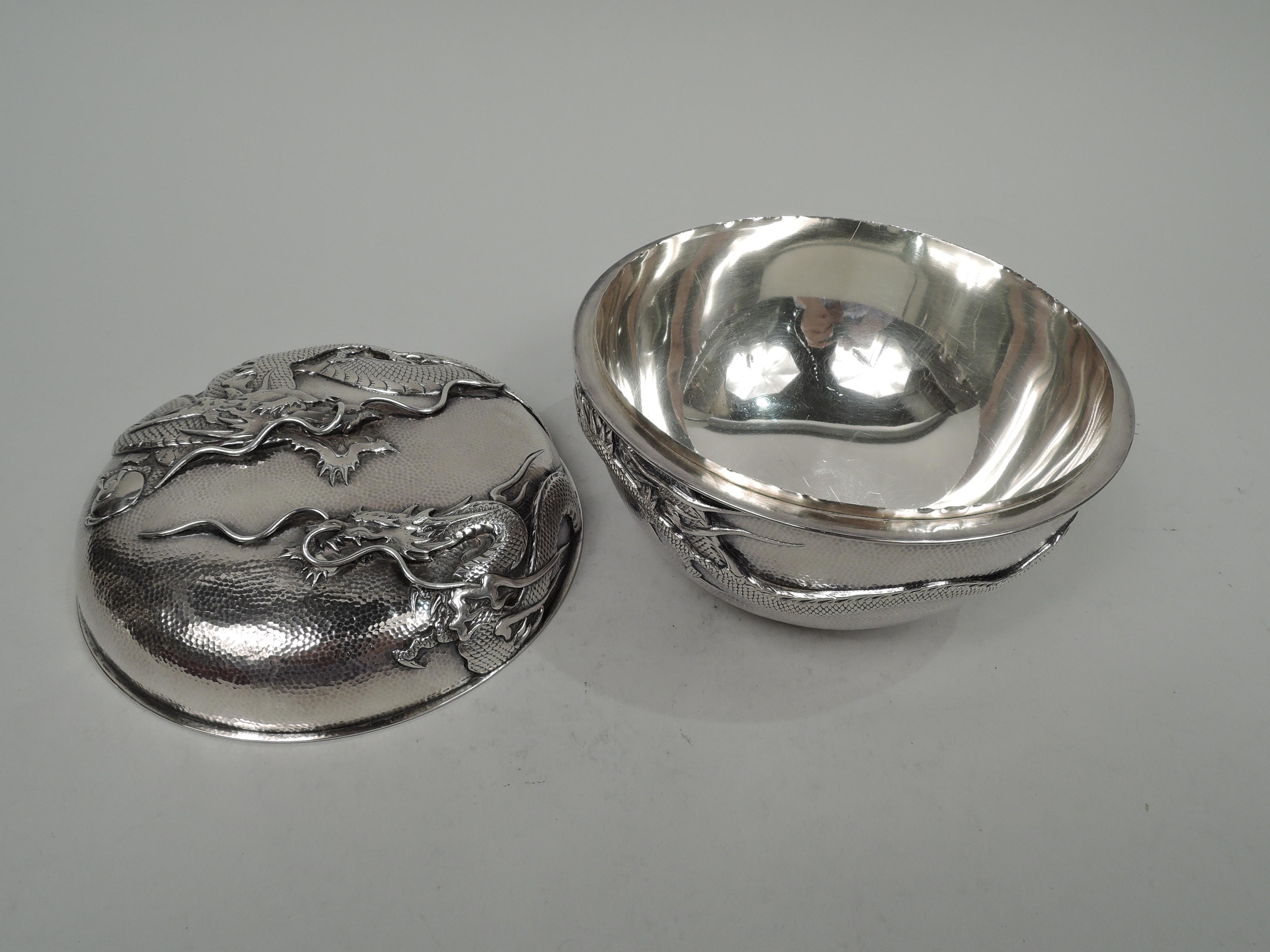 20th Century Antique Japanese Silver Dragon Box in Rare Round Form