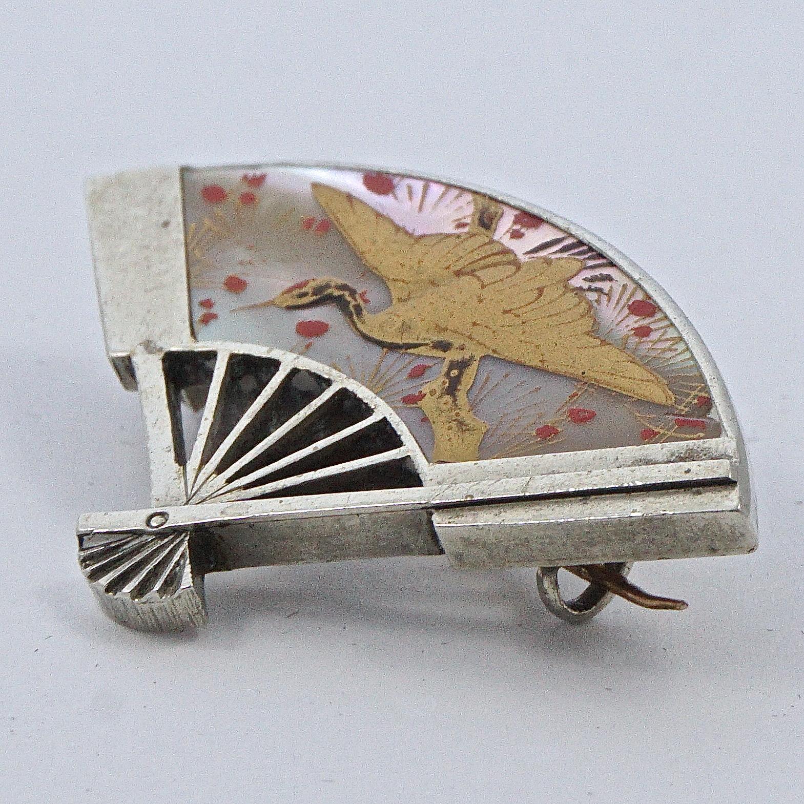Women's or Men's Antique Japanese Silver Plated Fan Brooch Hand Painted on Mother of Pearl
