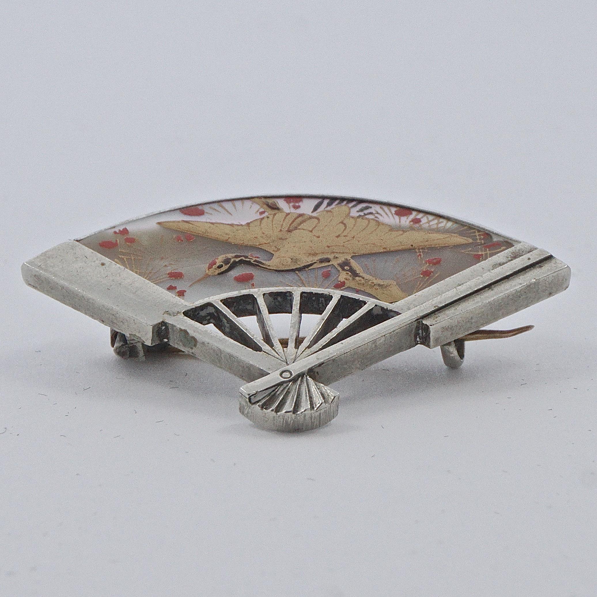 Antique Japanese Silver Plated Fan Brooch Hand Painted on Mother of Pearl 1