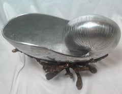 Antique Japanese Silvered Bronze Nautilus Sea Shell on Bronze Coral Stand