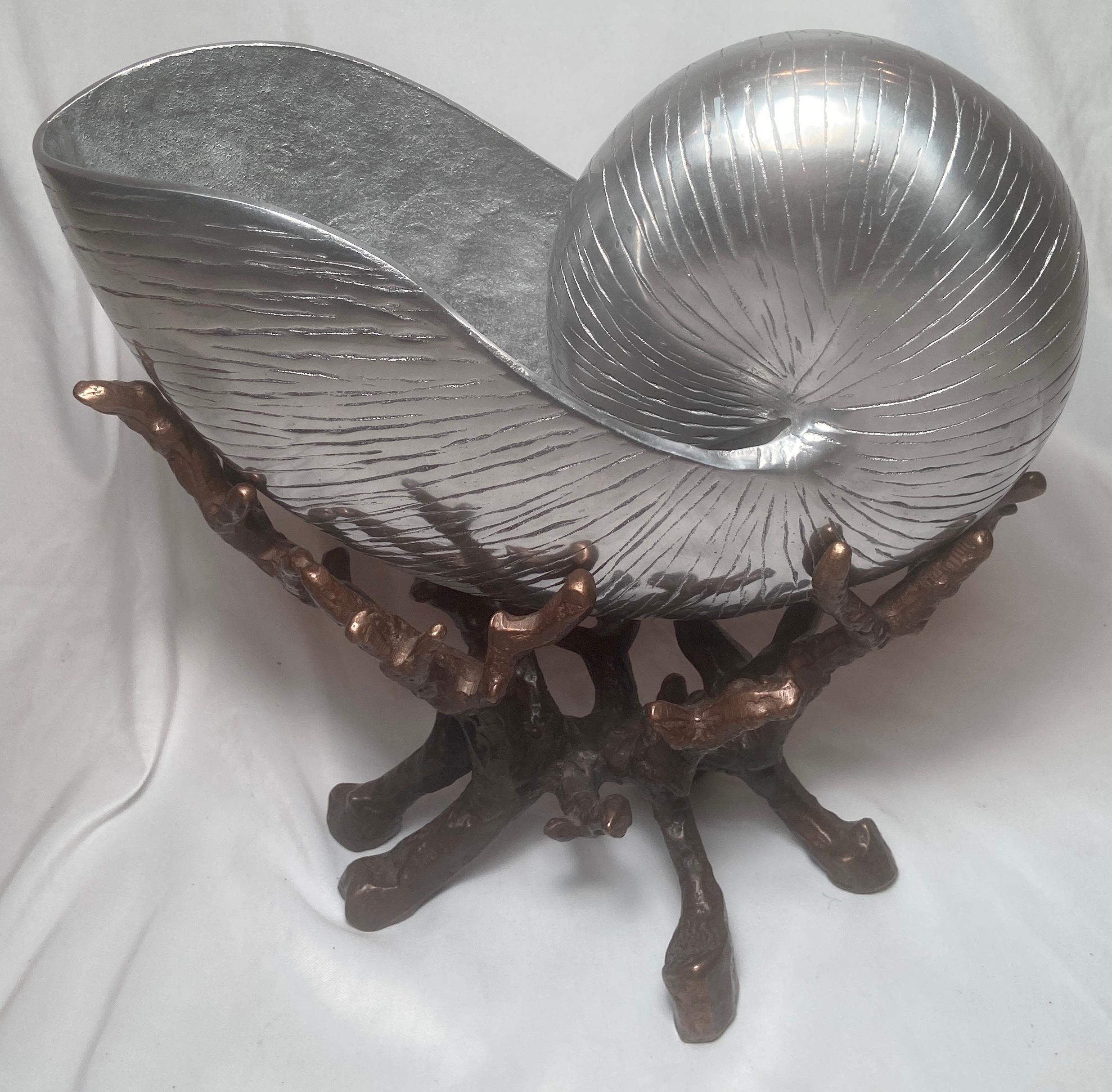 Antique Japanese Silvered Bronze Nautilus Sea Shell on Bronze Coral Stand In Good Condition In New Orleans, LA