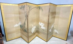 Antique Japanese Six Panel Folding Screen with Cranes, Meiji Period
