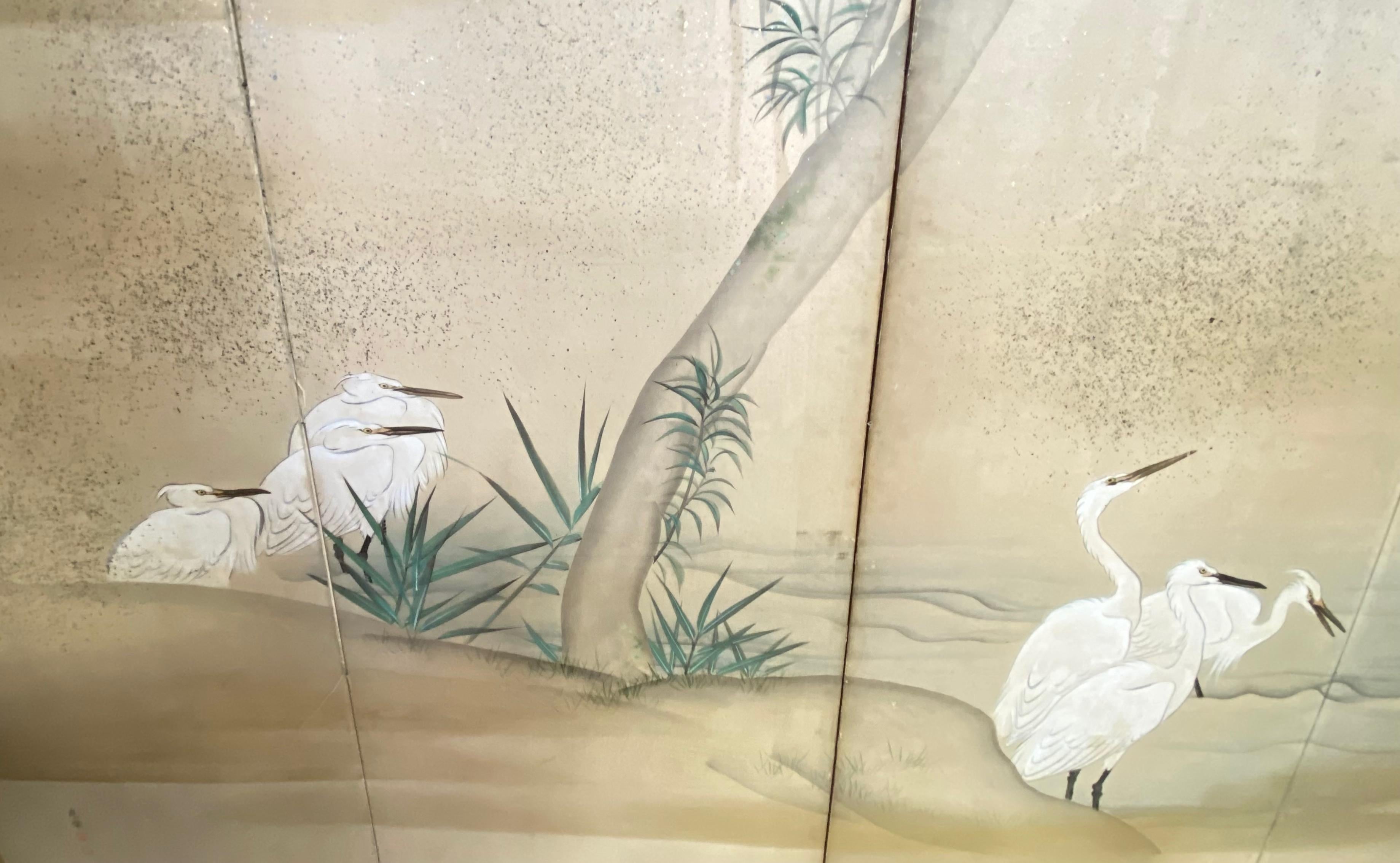 Hand-Painted Antique Japanese Six Panel Folding Screen with Cranes, Meiji Period