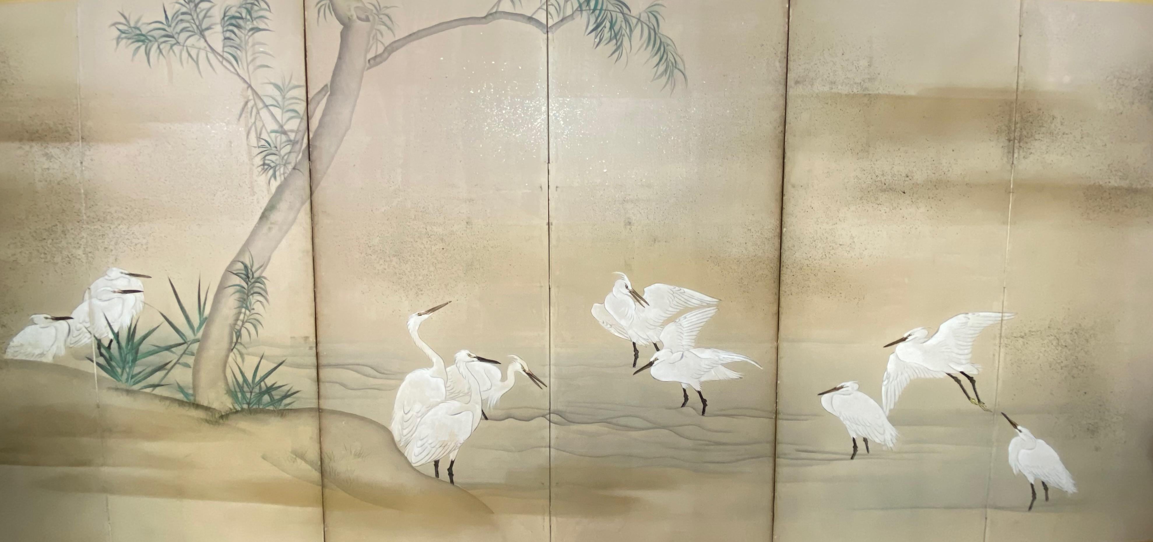Antique Japanese Six Panel Folding Screen with Cranes, Meiji Period In Good Condition In San Francisco, CA
