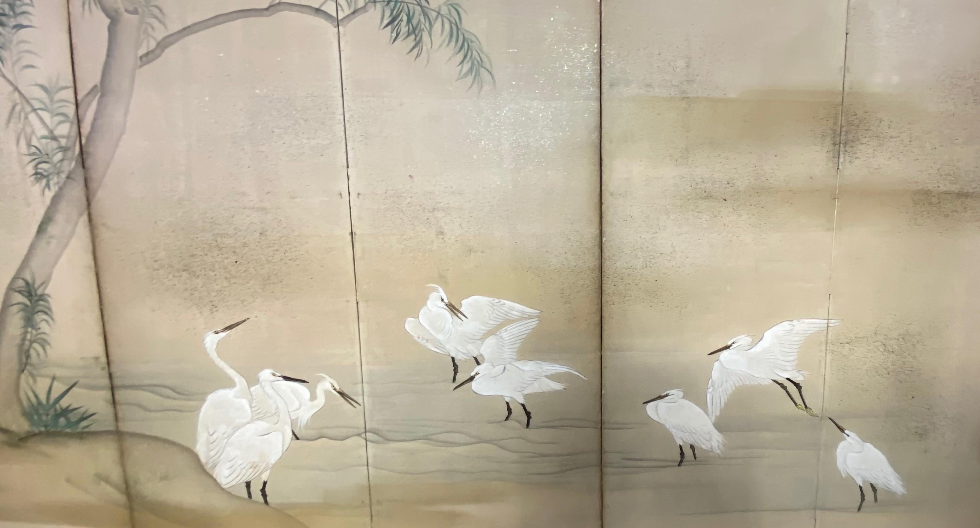 19th Century Antique Japanese Six Panel Folding Screen with Cranes, Meiji Period