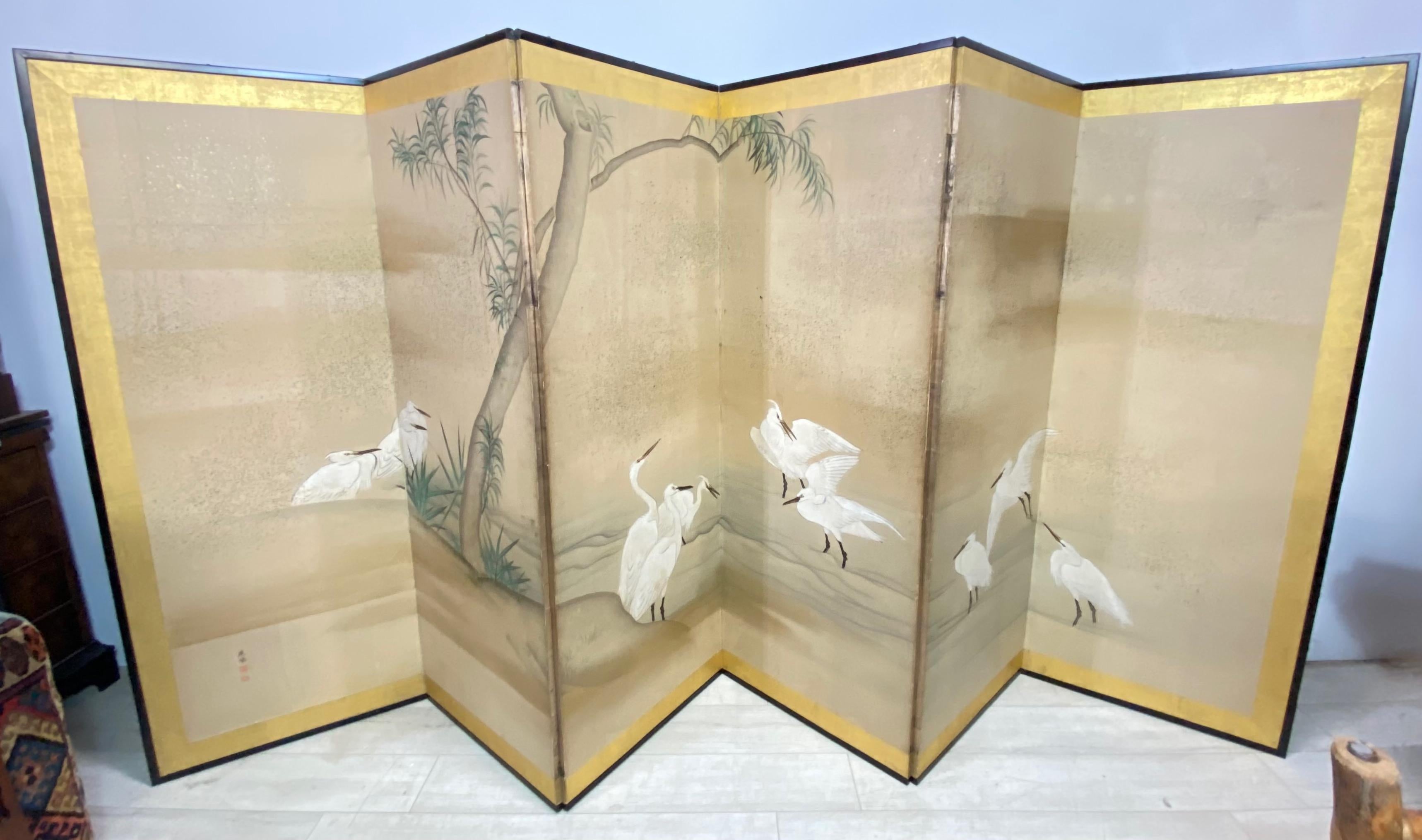 Wood Antique Japanese Six Panel Folding Screen with Cranes, Meiji Period