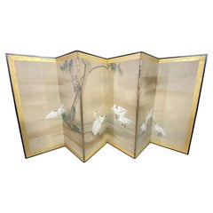 Antique Japanese Six Panel Folding Screen with Cranes, Meiji Period