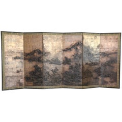 Antique Japanese Six-Panel Screen, 19th Century