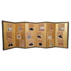 Antique Japanese Six Panel Screen with Immortal Poets 