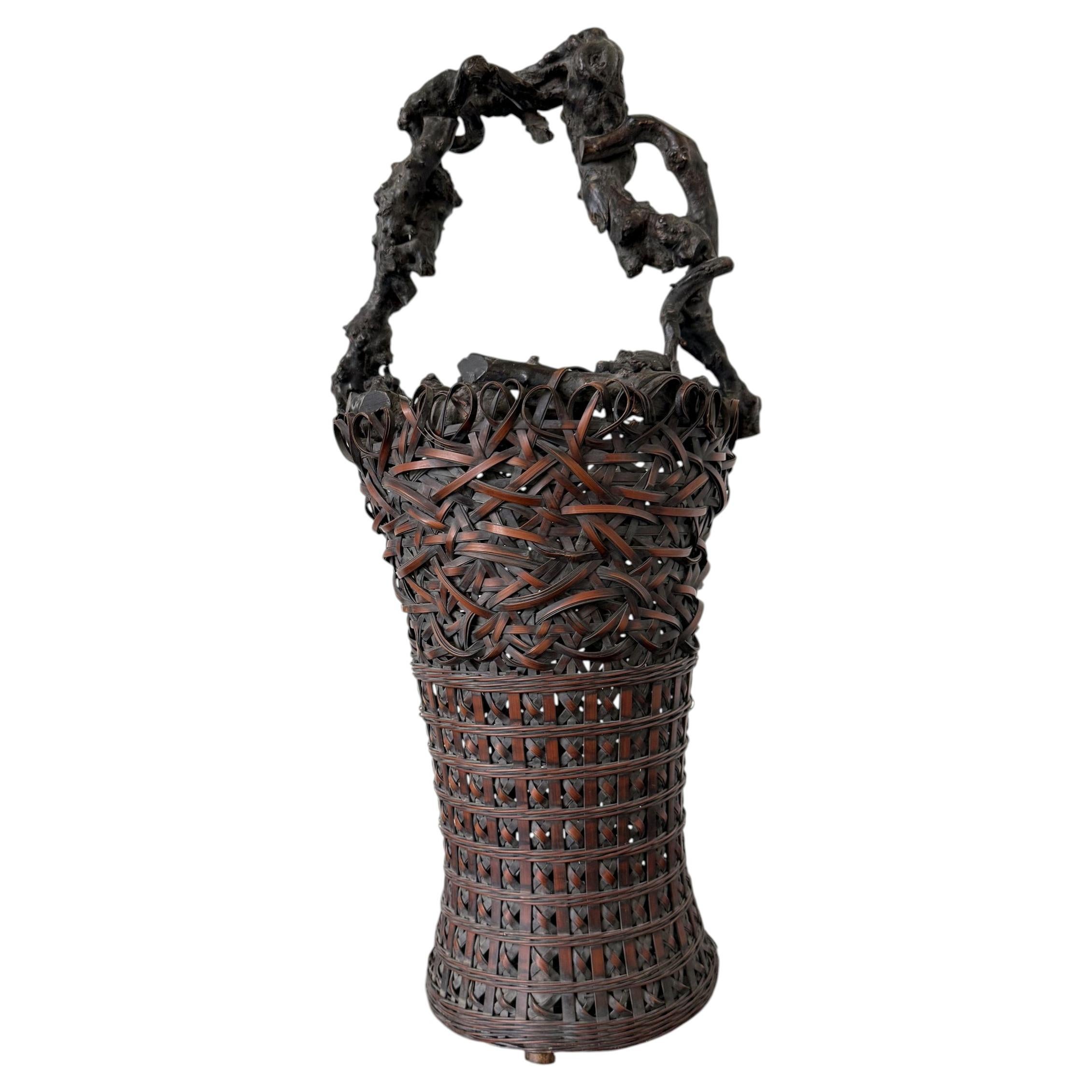 Antique Japanese Smoke Bamboo Basket with Wisteria Root Handle Meiji Period