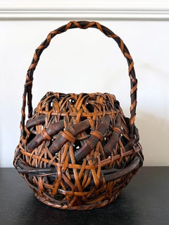 Antique Japanese Smoked Bamboo Basket Ikebana Mingei