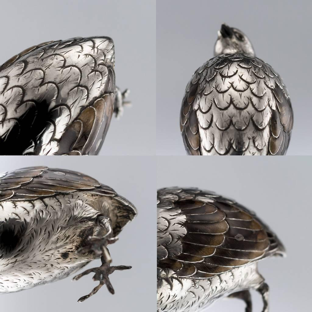 Antique Japanese Solid Silver and Enamel Models of Quails on Stand, circa 1890 6