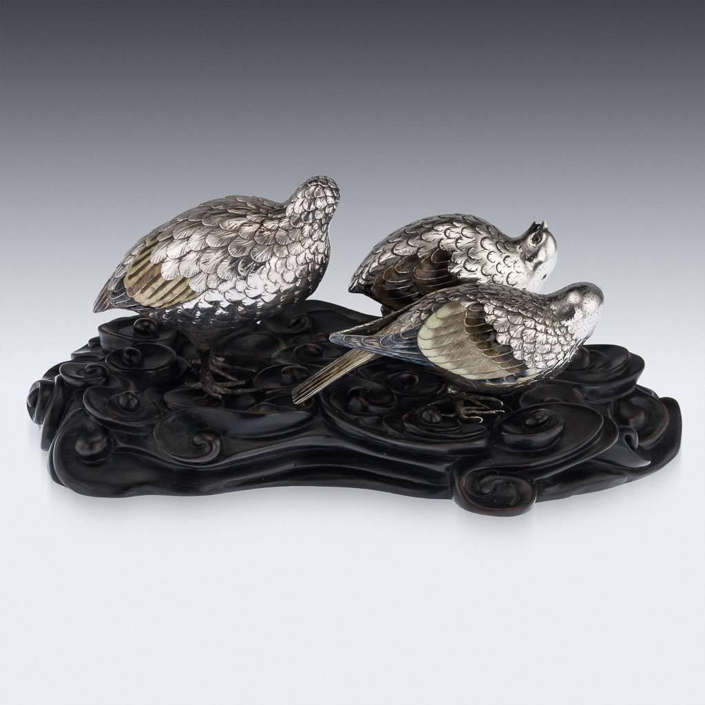 19th Century Antique Japanese Solid Silver and Enamel Models of Quails on Stand, circa 1890