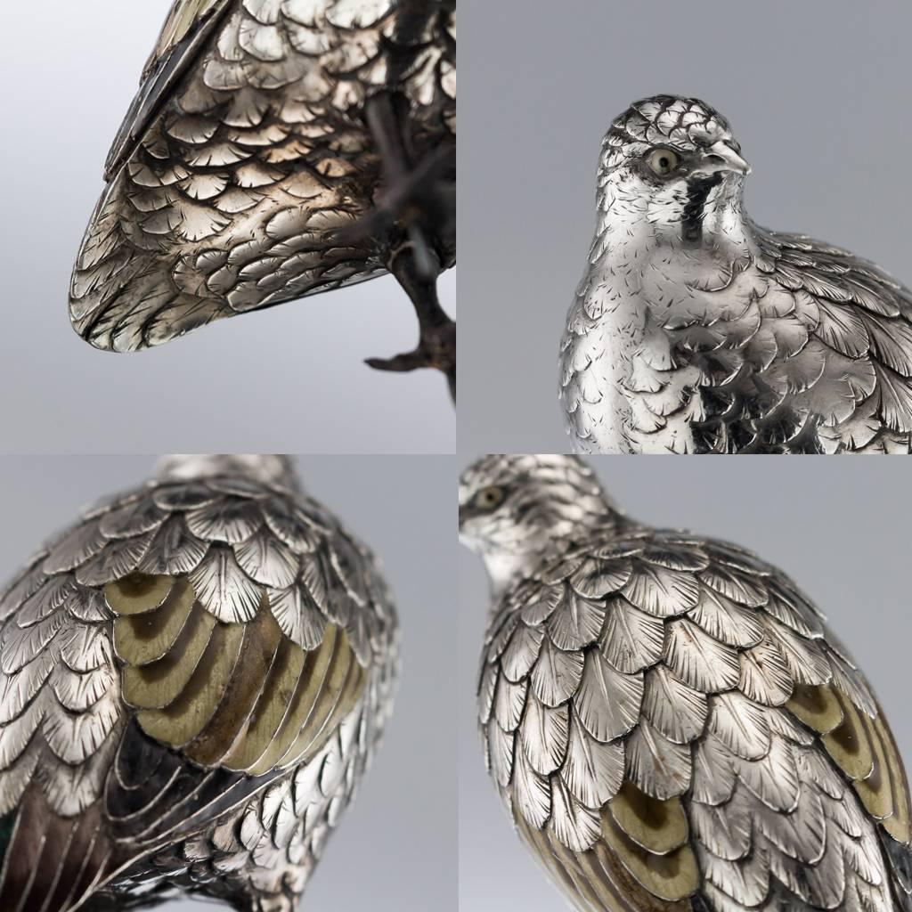 Antique Japanese Solid Silver and Enamel Models of Quails on Stand, circa 1890 2