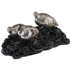 Antique Japanese Solid Silver and Enamel Models of Quails on Stand, circa 1890