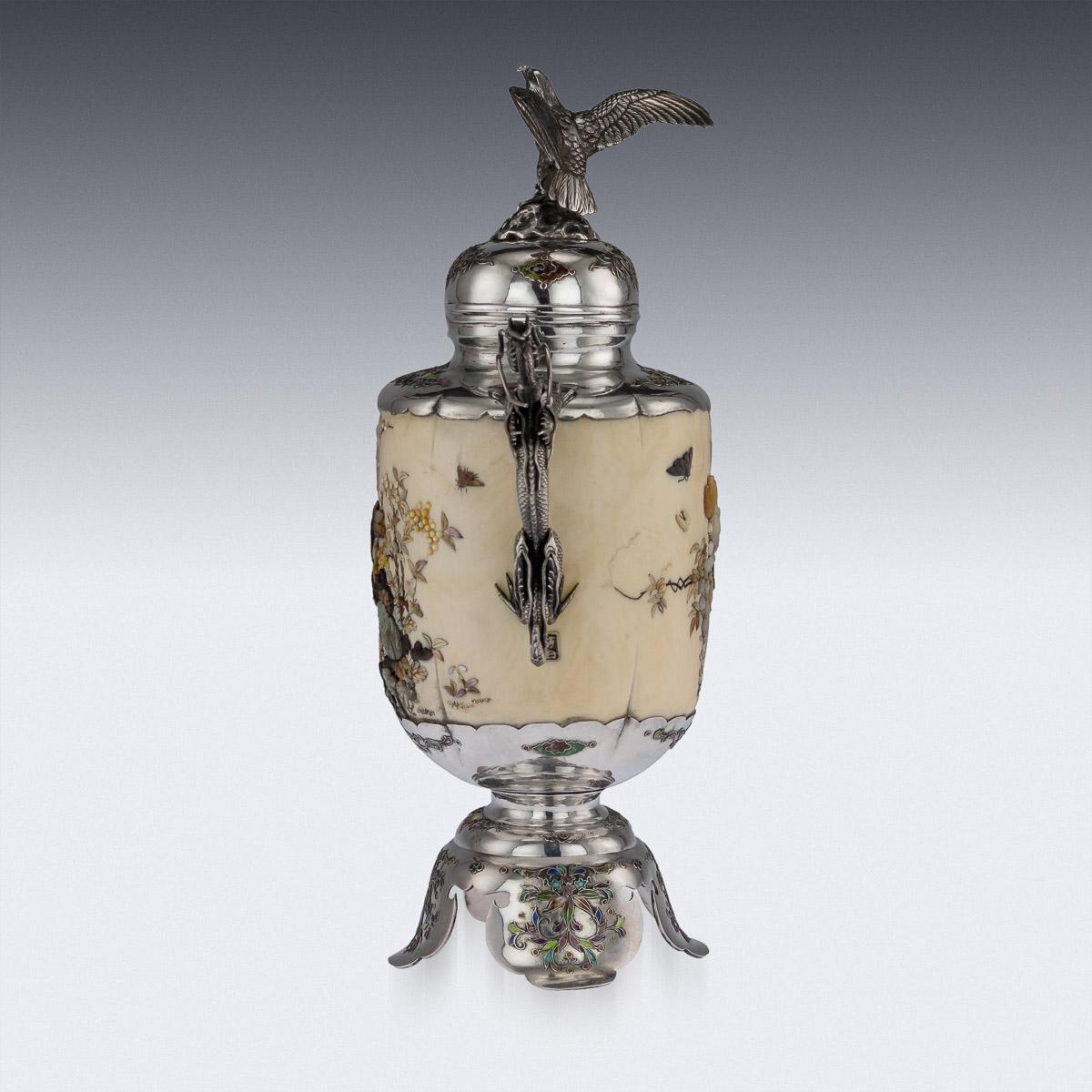 Antique late 19th century Japanese Meiji period Shibayama Koro (Incense Burner). The silver body is applied of very fine enamel work, sides applied with two realistically modelled dragon handles, adorned with a finely carved panels of various colors