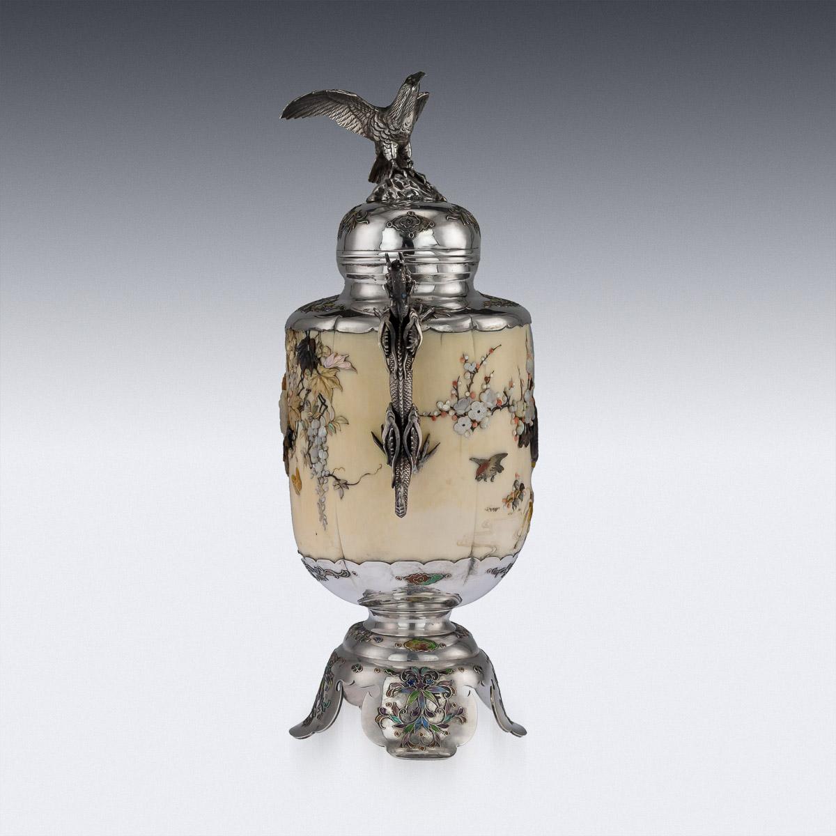 19th Century Antique Japanese Solid Silver, Enamel and Shibayama Koro, circa 1890