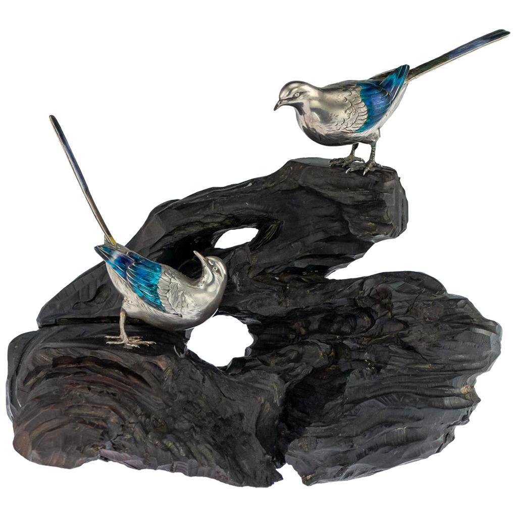 Antique Japanese Solid Silver & Enamel Models Of Wagtails On Stand, circa 1890