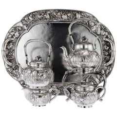 Antique Japanese Solid Silver Tea and Coffee Service on Tray, circa 1900