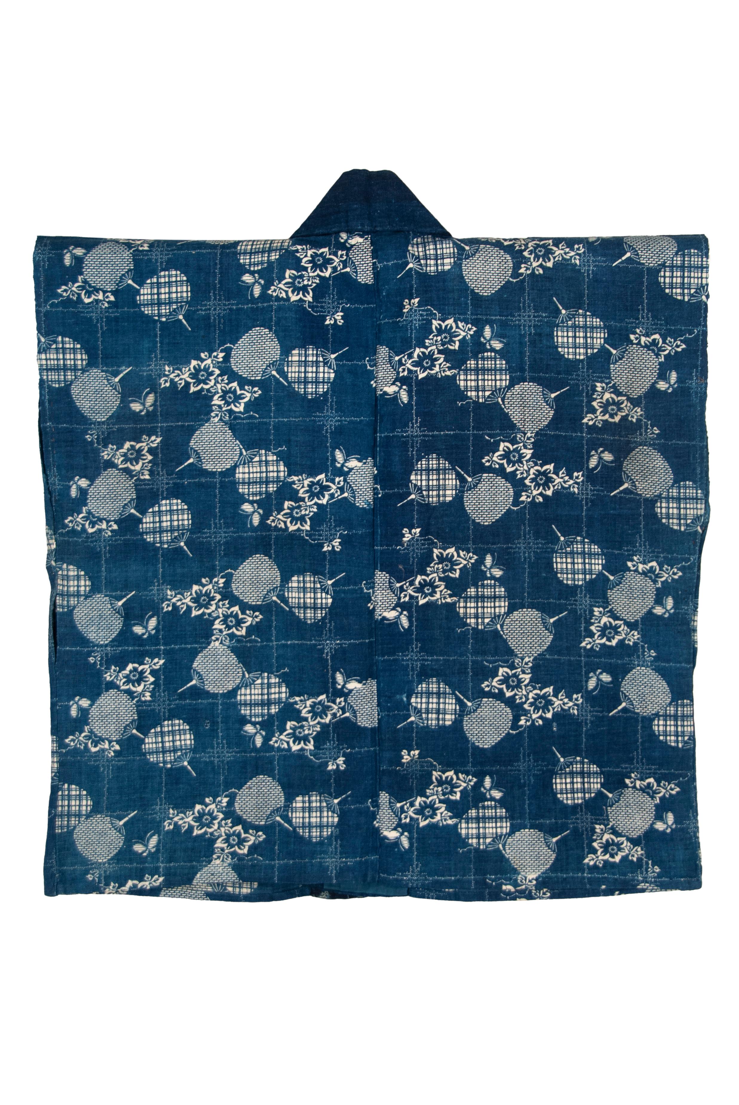Taisho Juban japonais ancien teint au crayon avec motif d'éventail en vente