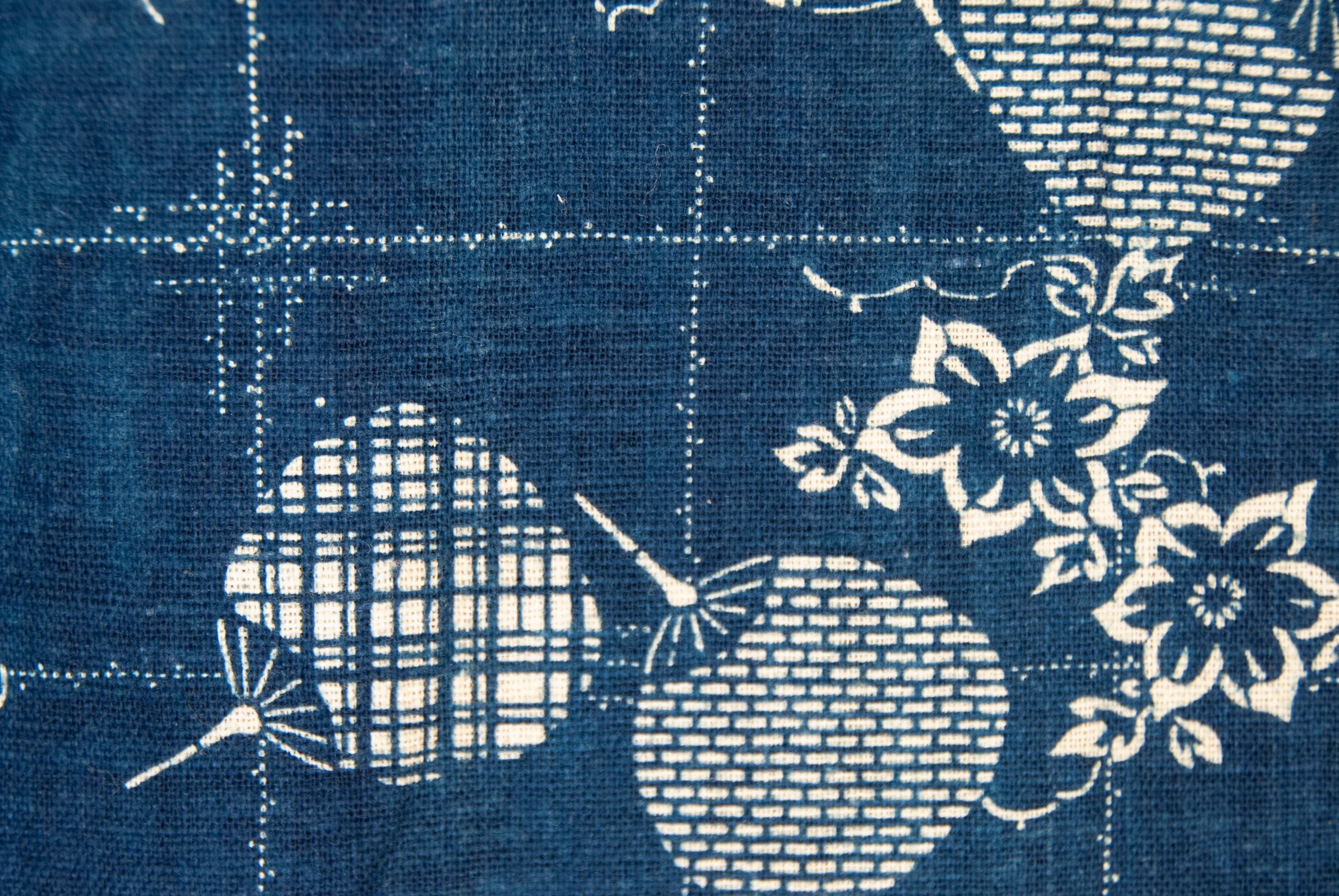 Coton Juban japonais ancien teint au crayon avec motif d'éventail en vente