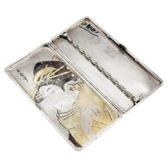 Ancien étui à cigarettes japonais en argent Sterling Geisha Bijin Shibayama Artwork