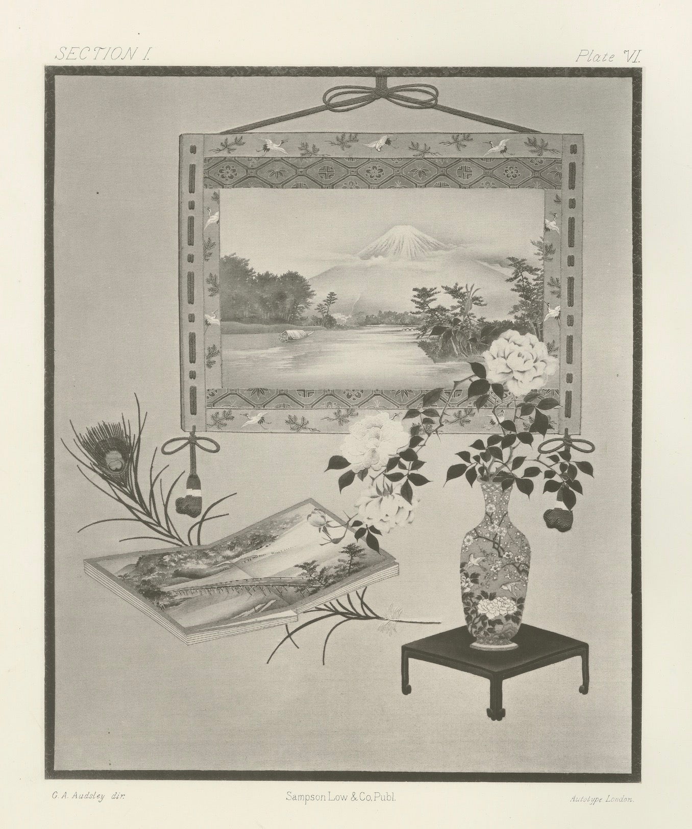 Nature morte japonaise ancienne avec le mont Fuji et un vase floral, 19e siècle

Cette élégante gravure du XIXe siècle présente une harmonieuse composition de nature morte japonaise qui capture l'esthétique raffinée des arts décoratifs de l'ère