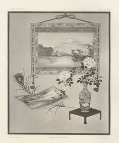 Antique Japanese Still Life with Mount Fuji and Floral Vase, 19th Century